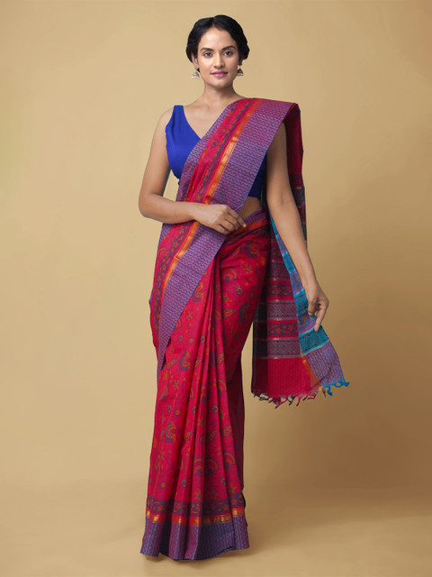 

Unnati Silks Pink & Blue Ethnic Motifs Zari Pure Cotton Mangalagiri Handloom Saree
