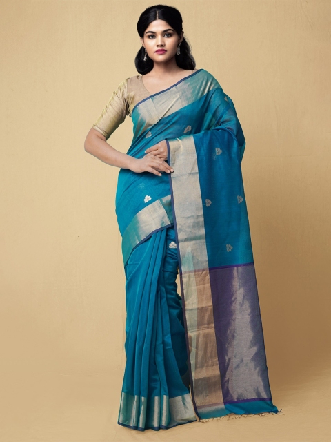 

Unnati Silks Blue & Gold-Toned Woven Design Silk Cotton Maheshwari Saree