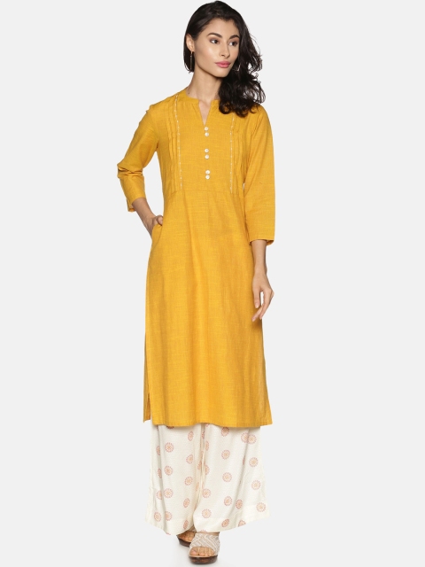 

Saffron Threads Women Mustard Yellow Pleated Pure Cotton Kurta with Palazzos