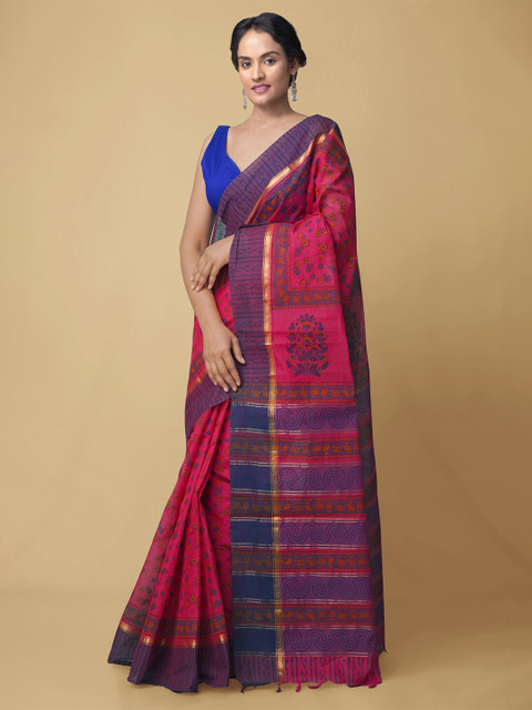 

Unnati Silks Pink & Blue Floral Pure Cotton Mangalagiri Saree