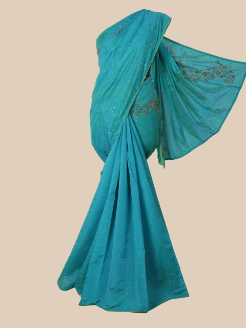 

Pothys Blue & Lime Green Ethnic Motifs Jute Silk Saree
