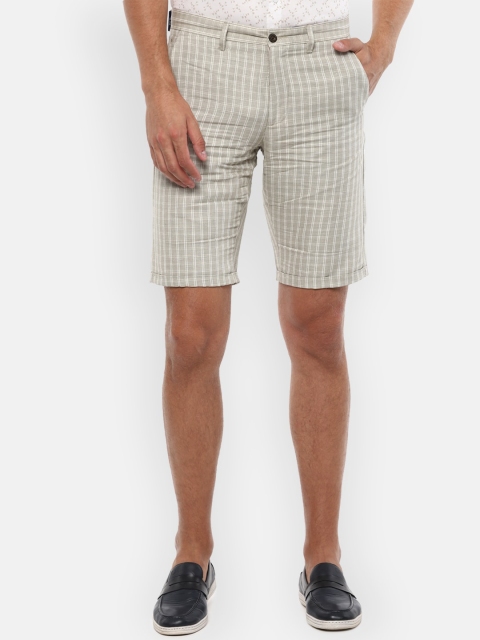 

Louis Philippe Men Beige Striped Checked Slim Fit Mid-Rise Linen Regular Shorts