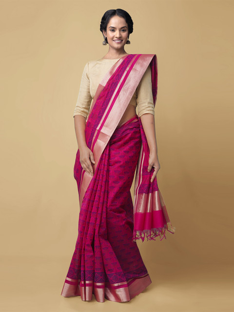 

Unnati Silks Pink & Purple Block Printed Zari Silk Handloom Cotton Chanderi Saree