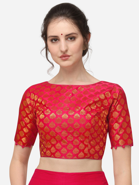 

Fab Dadu Women Pink & Gold-Coloured Woven Design Boat Neck Jacquard Saree Blouse