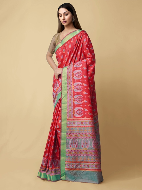 

Unnati Silks Red & Green Woven Design Zari Art Silk Patola Saree