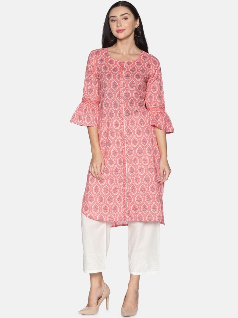 

Saffron Threads Women Peach Floral Printed Pure Cotton Kurta with Trousers
