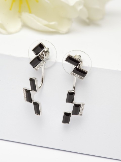 

AVANT-GARDE PARIS Black Contemporary Rhodium-Plated Crystals Studded Drop Earrings