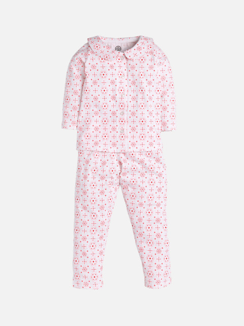 

TAMBOURINE Girls White & Pink Printed Cotton Night suit