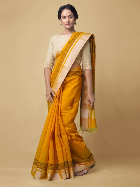 

Unnati Silks Yellow & Green Floral Zari Silk Cotton Chanderi Saree