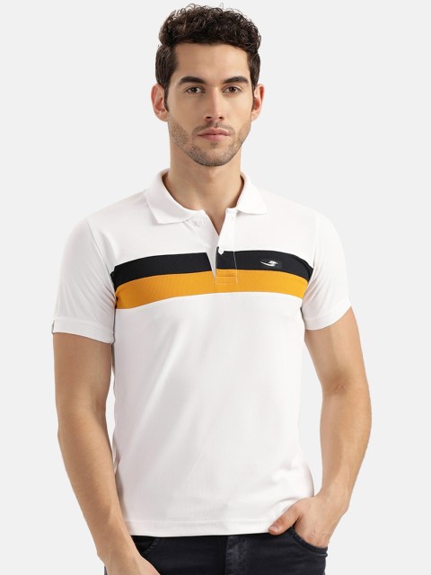 

V2 Value & Variety Men White & Black Striped Cotton Polo Collar T-shirt