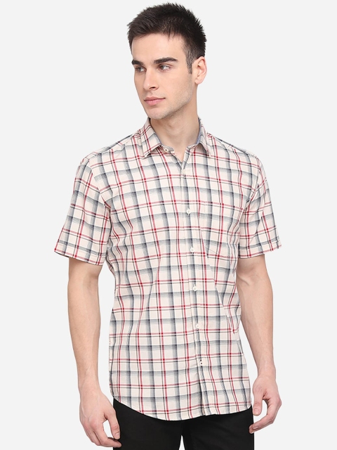 

Greenfibre Men Cream Slim Fit Checked Cotton Casual Shirt