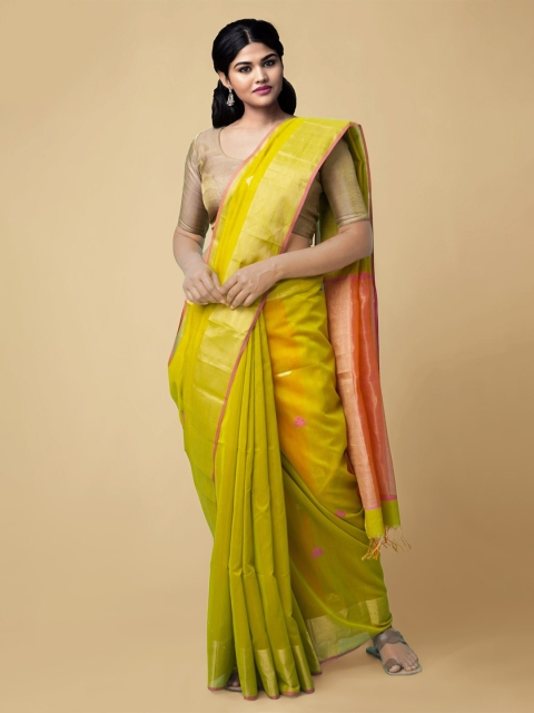

Unnati Silks Green & Pink Woven Design Zari Silk Cotton Maheshwari Saree