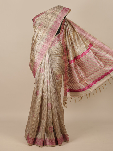 

Pothys Beige Silk Blend Tussar Saree