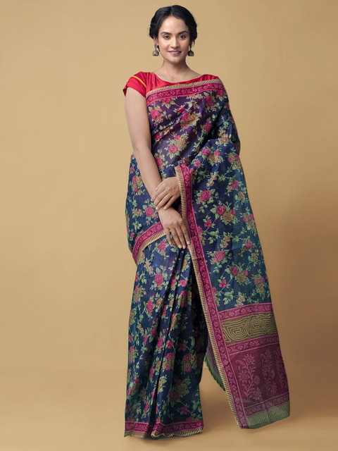 

Unnati Silks Blue & Pink Floral Pure Cotton Kovai Saree