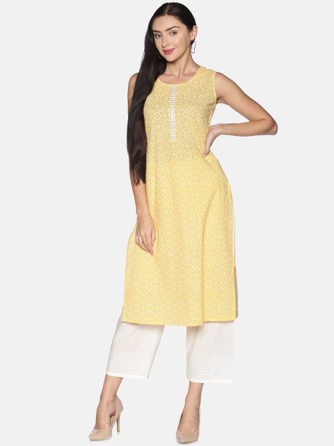 

Saffron Threads Women Yellow Printed Pure Cotton Kurta with Palazzos