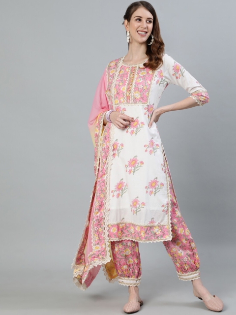 

Ishin Women White Floral Printed Pure Cotton Kurta with Trousers & With Dupatta