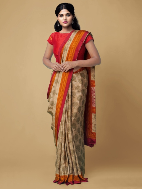 

Unnati Silks Brown & Yellow Floral Block Print Saree