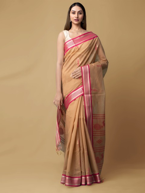 

Unnati Silks Brown & Pink Woven Design Zari Silk Cotton Baluchari Saree