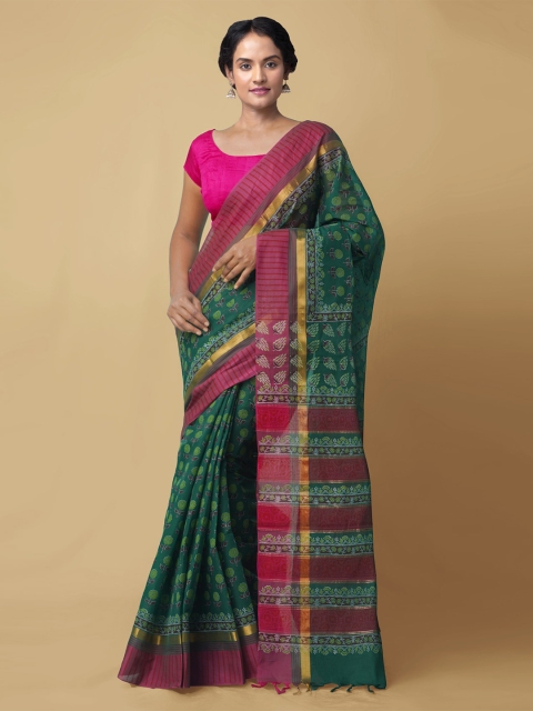 

Unnati Silks Green & Pink Ethnic Motifs Zari Pure Cotton Mangalagiri Saree
