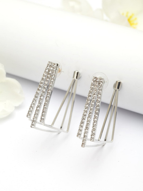 

AVANT-GARDE PARIS Silver-Toned Rhodium-Plated Crystals Studded Antique Half Hoop Earrings