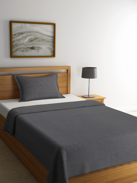 

NEUDIS Grey Solid Hand Woven Pure Cotton Single Bed Cover With 1 Pillow Cover