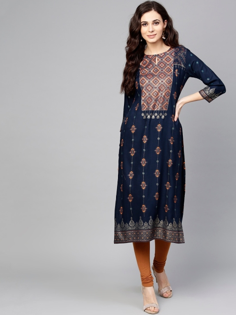 

Libas Women Navy Blue Ethnic Motifs Printed Kurta