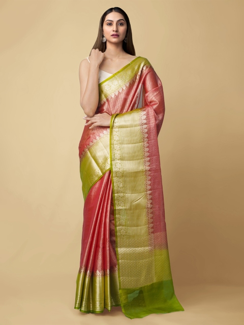 

Unnati Silks Red & Green Woven Design Zari Silk Cotton Banarasi Saree