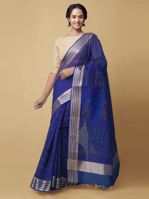 

Unnati Silks Blue & Gold-Toned Floral Silk Cotton Chanderi Saree