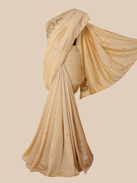 

Pothys Cream-Coloured & Gold-Toned Embellished Beads and Stones Jute Silk Saree