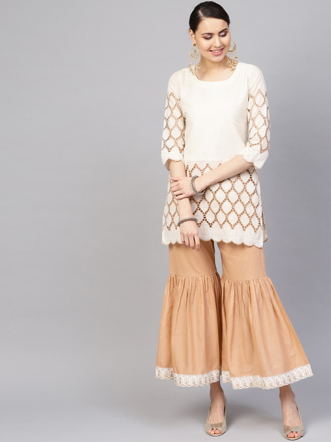 

Libas Women White Ethnic Motifs Layered Pure Cotton Kurti with Sharara