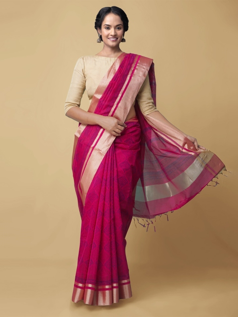 

Unnati Silks Pink & Blue Ethnic Motifs Zari Silk Cotton Chanderi Saree
