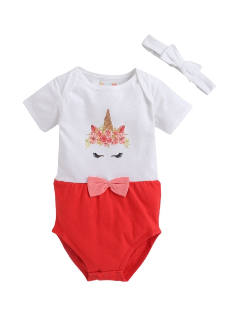 

BUMZEE Girls Red & White Printed Pure Cotton Bodysuit With Hairband