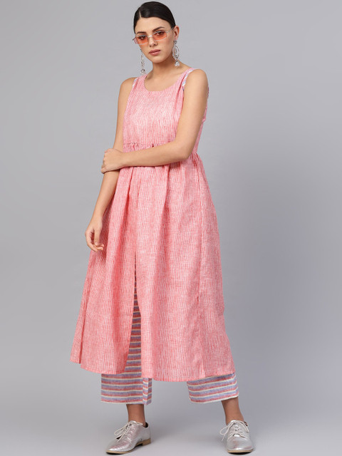 

Libas Women Pink Striped Empire Pure Cotton Kurti with Trousers & With Dupatta