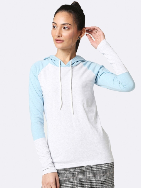 

Bewakoof Women White & Blue Colourblocked Hooded Cotton Sweatshirt