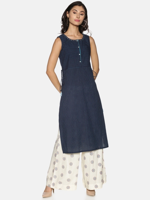 

Saffron Threads Women Navy Blue Striped Pleated Pure Cotton Kurti with Palazzos