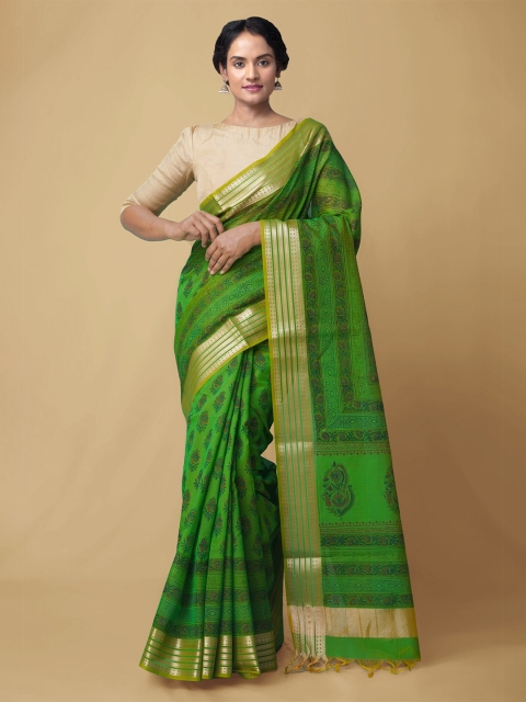 

Unnati Silks Green & Gold-Toned Ethnic Motifs Zari Silk Cotton Chanderi Handloom Saree