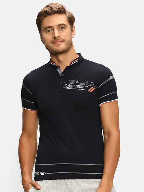 

V2 Value & Variety Men Navy Blue Typography Printed Mandarin Collar T-shirt