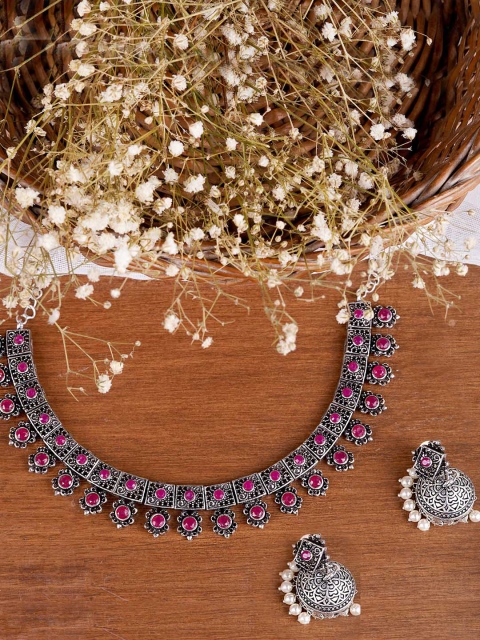

TEEJH Oxidised Silver-Plated Pink & White Faux Stone-Studded & Beaded Jewellery Set