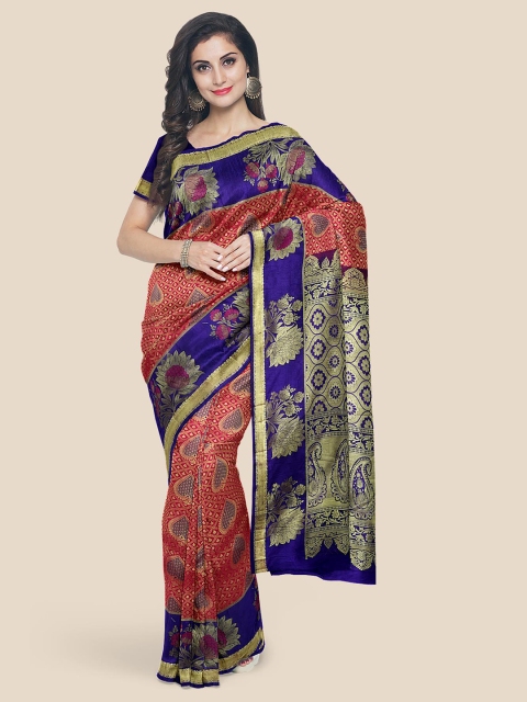 

KLM Fashion Mall Red & Blue Woven Design Silk Blend Kanjeevaram Saree