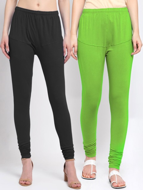 

KLOTTHE Women Pack of 2 Solid Cotton Churidar-Length Leggings, Black