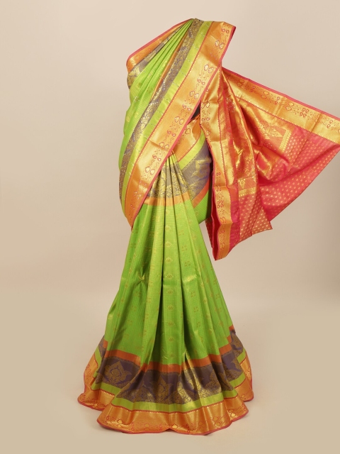 

Pothys Green & Golden Ethnic Motifs Zari & Stone Work Detail Saree