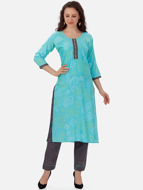 

Kiana Women Turquoise Blue & Brown Paisley Printed Kurta With Pure Cotton Trousers