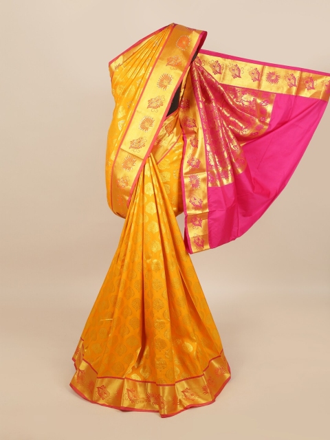 

Pothys Orange & Pink Ethnic Motifs Zari Woven Design & Stone Work Detail Silk Blend Saree