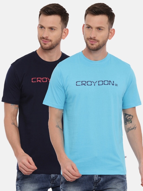 

CROYDON Pack of 2 Men Typography Applique Slim Fit T-shirt, Multi