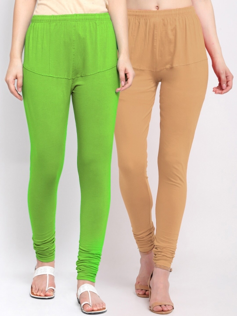 

KLOTTHE Women Pack Of 2 Solid Cotton Churidar-Length Leggings, Green