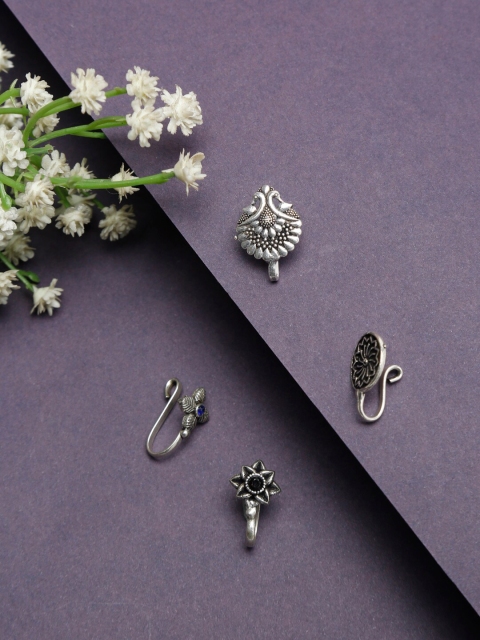 

NEUDIS Set Of 4 Oxidised Silver-Plated Beads & Stones-Studded Slip-On Nosepins
