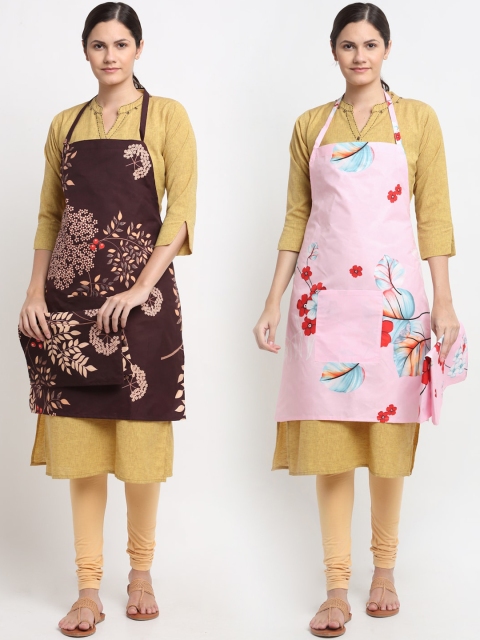 

NEUDIS Pack Of 2 Brown & Pink Printed 210 TC Apron With Napkin