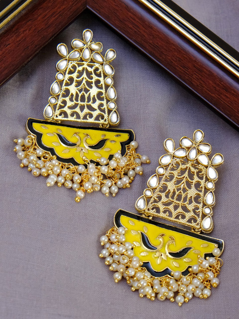 

Crunchy Fashion Gold-Toned & Yellow Contemporary Meenakari Drop Earrings
