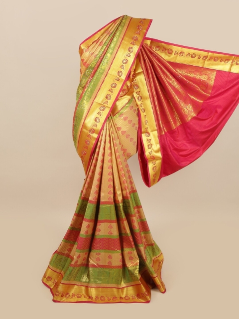 

Pothys Gold & Red Ethnic Motifs Woven Design & Stone Work Detail Silk Blend Saree