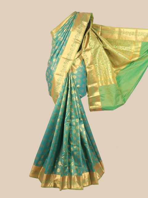 

Pothys Blue & Gold Floral Zari Woven Design & Stone Work Detail Silk Blend Saree